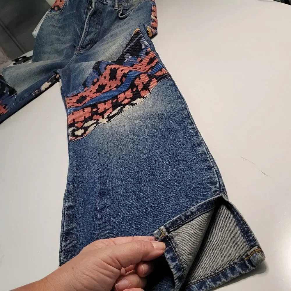 NEW 31 FREE PEOPLE tribal button fly Rocky corduroy patch loose jeans we the NWT - Picture 6 of 16